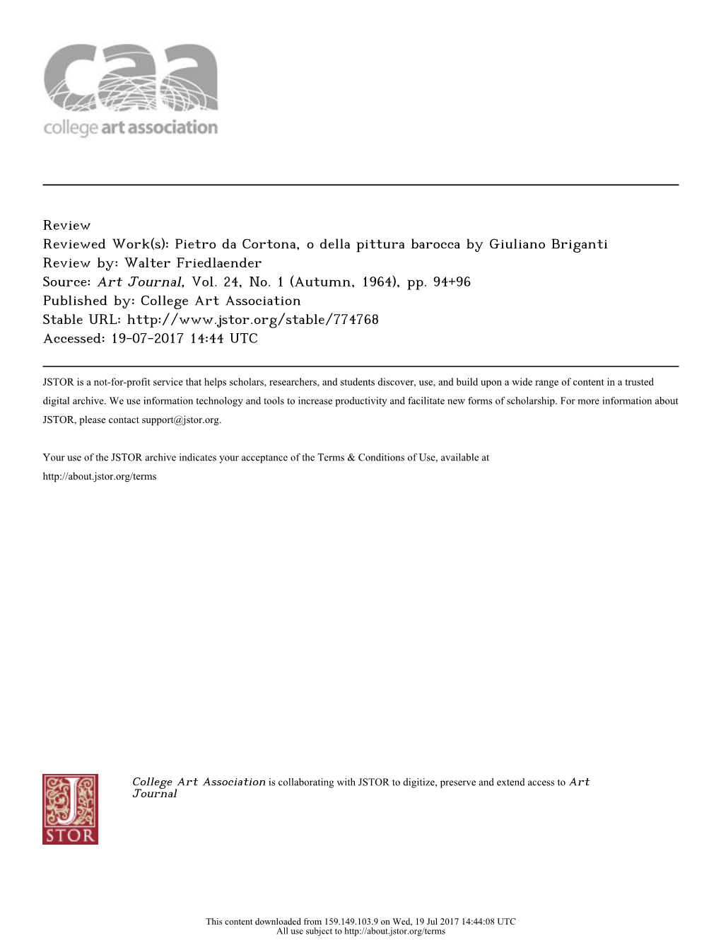 Pietro Da Cortona, O Della Pittura Barocca by Giuliano Briganti Review By: Walter Friedlaender Source: Art Journal, Vol