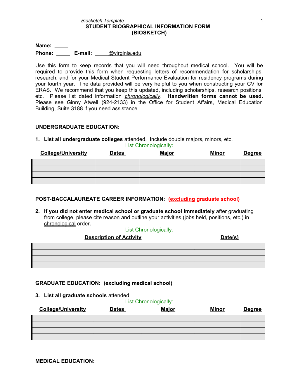 Student Biographical I Nformation Form