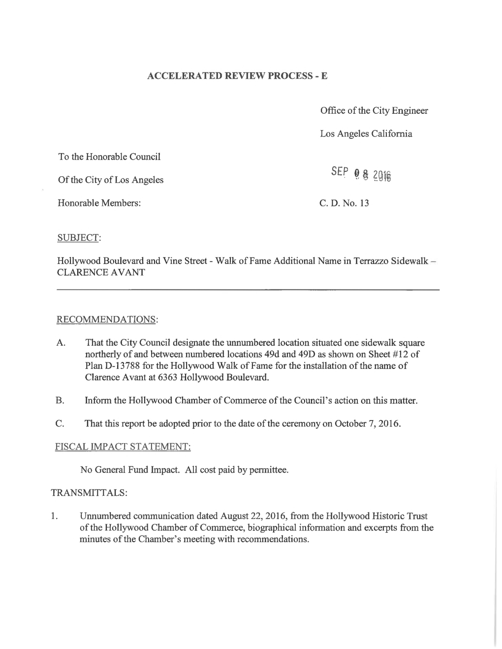 E Office of the City Engineer Los Angeles California to the Honorable Council SEP 9 § M of The