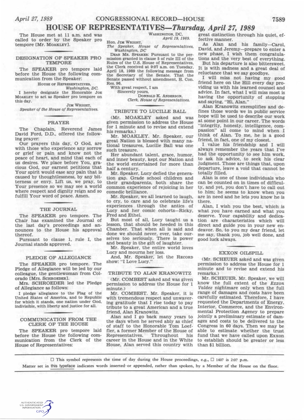 HOUSE of REPRESENTATIVES-Thursday, April 27, 1989 the House Met at 11 A.M