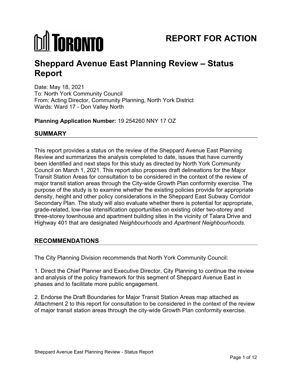 Sheppard Avenue East Planning Review – Status Report