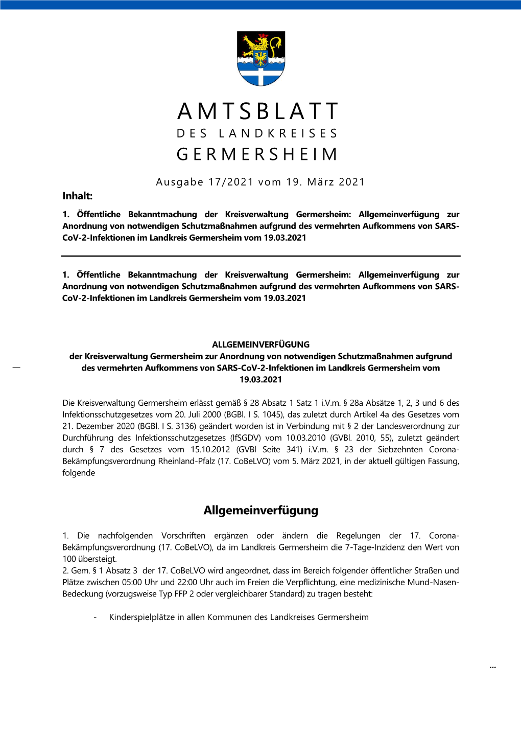 AMTSBLATT DES LANDKREISES GERMERSHEIM Ausgabe 17/2021 Vom 19