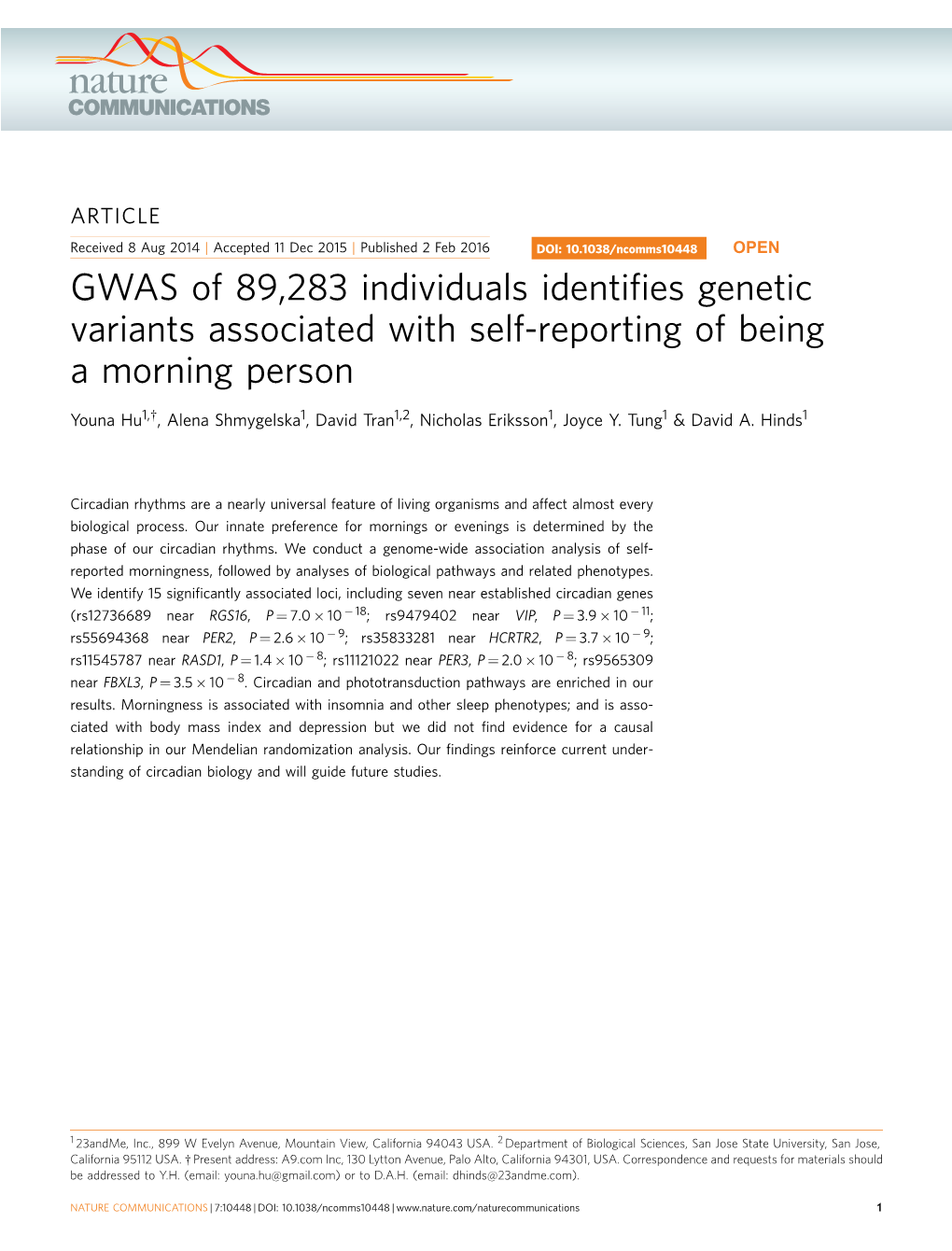 GWAS of 89,283 Individuals Identifies Genetic Variants Associated with Self