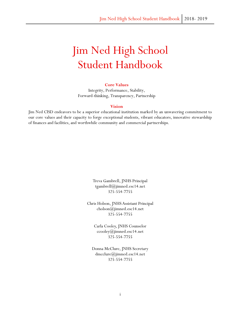 Jim Ned High School Student Handbook 2018- 2019