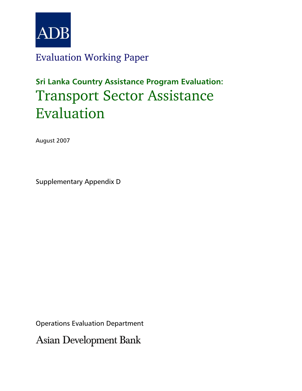 Evaluation of Transport Sector Assistance in Sri Lanka