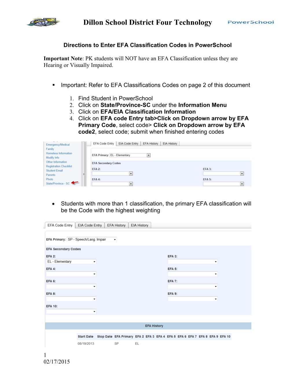 Directions to Enter EFA Classification Codes in Powerschool