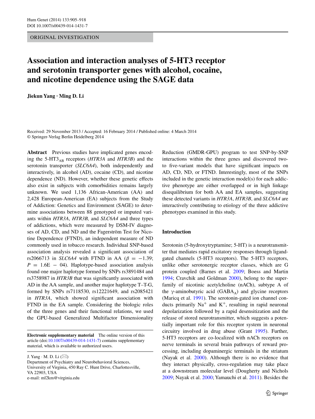 Association and Interaction Analyses of 5‑HT3 Receptor and Serotonin