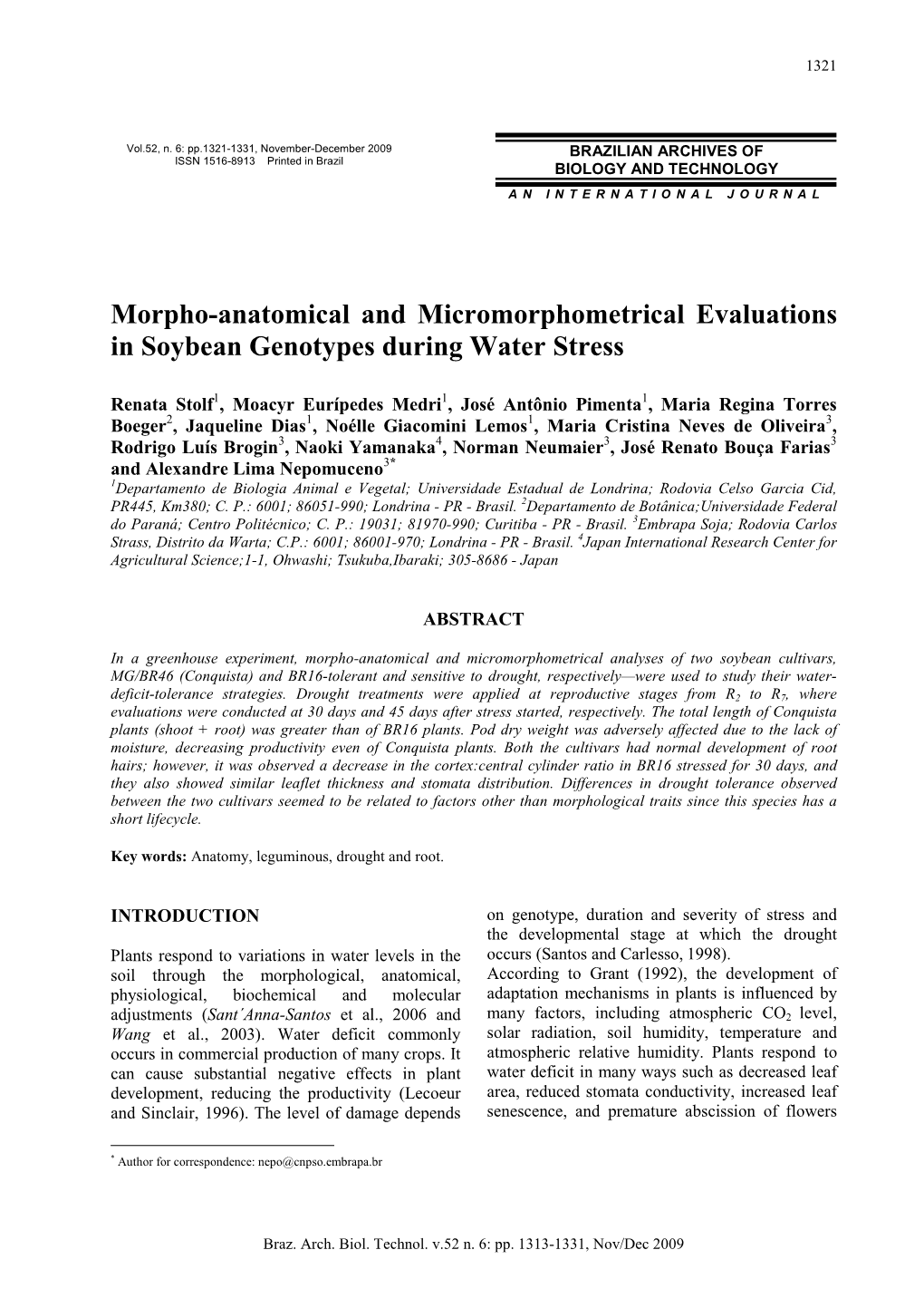 Morpho-Anatomical and Micromorphometrical Evaluations in Soybean Genotypes During Water Stress