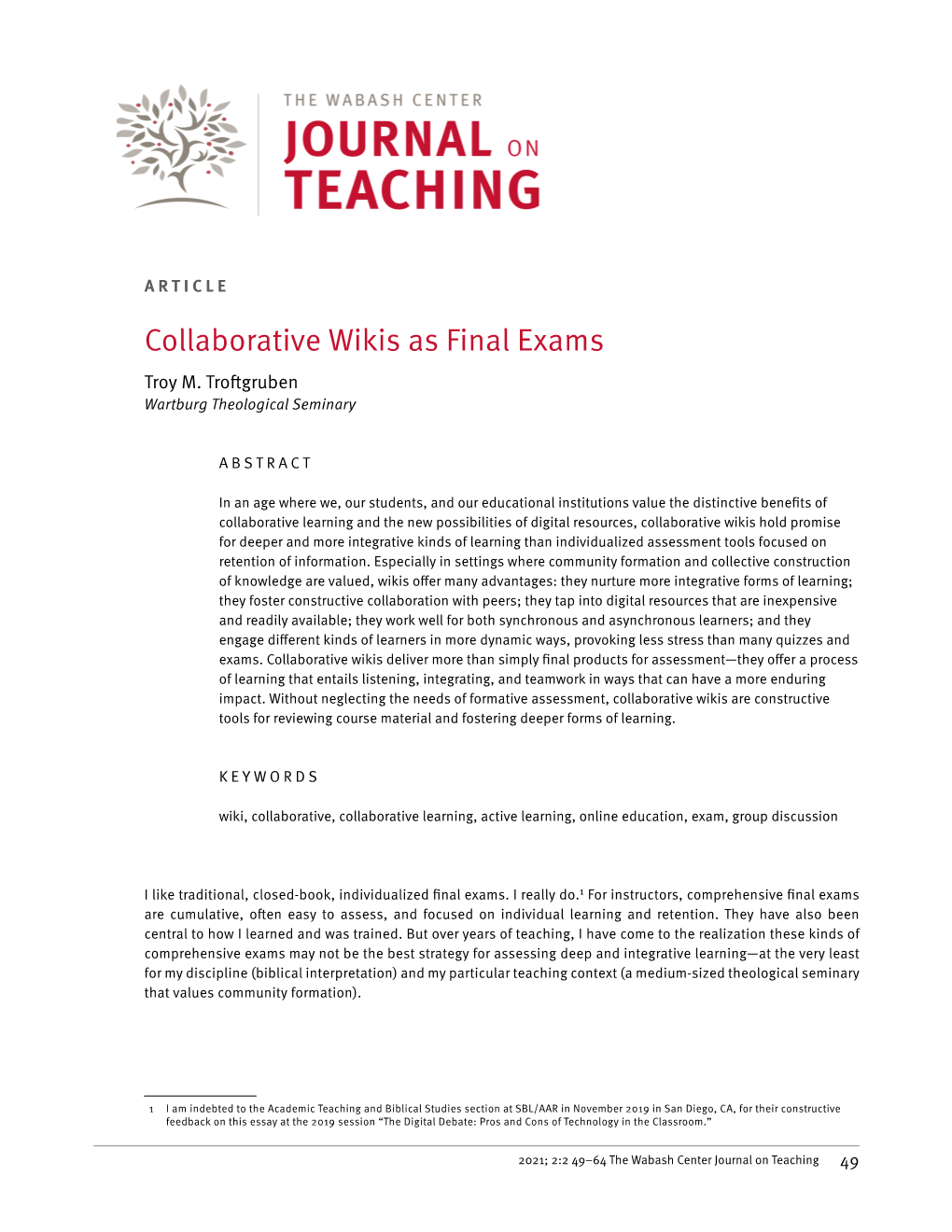 Collaborative Wikis As Final Exams Troy M