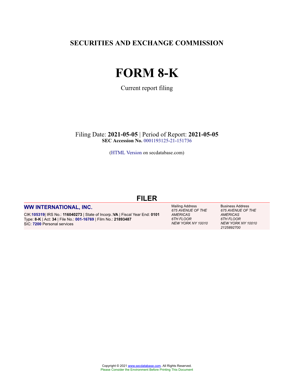 WW INTERNATIONAL, INC. Form 8-K Current Event Report Filed 2021-05