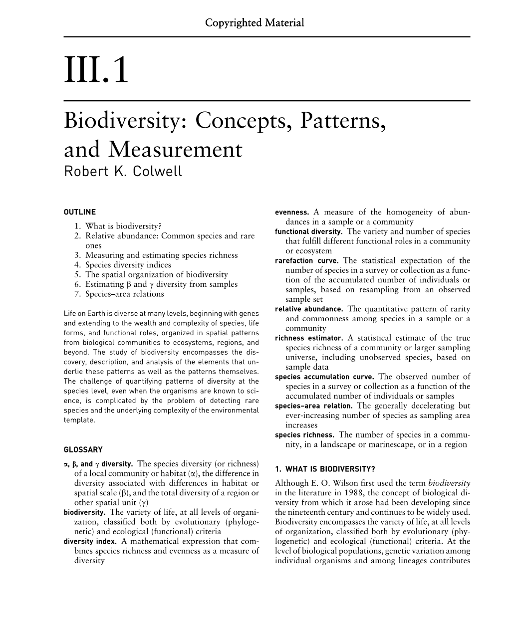 Biodiversity: Concepts, Patterns, and Measurement Robert K