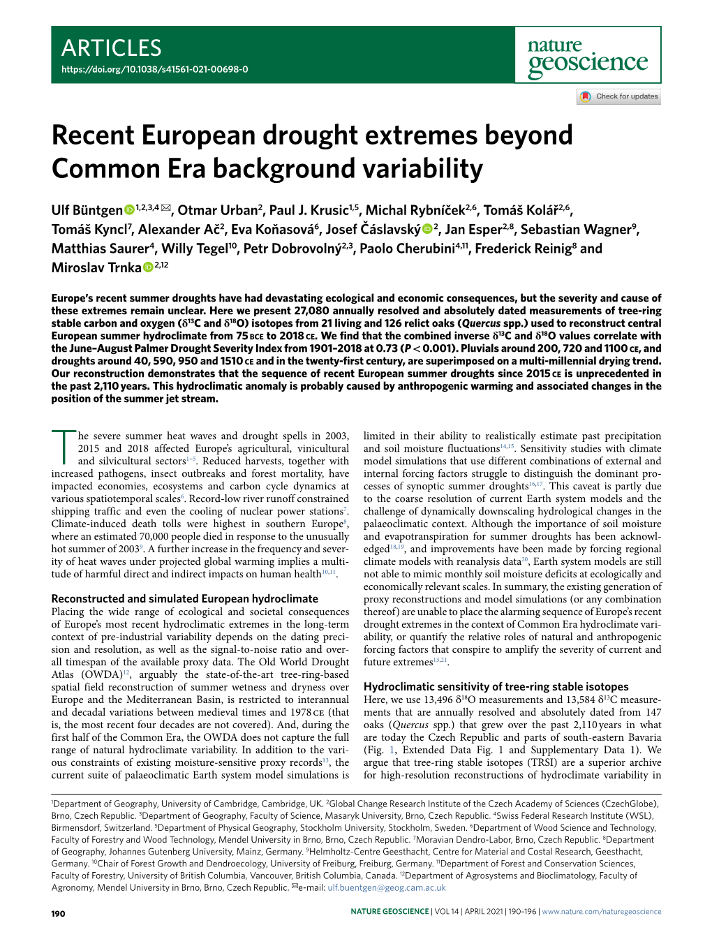 Recent European Drought Extremes Beyond Common Era Background Variability