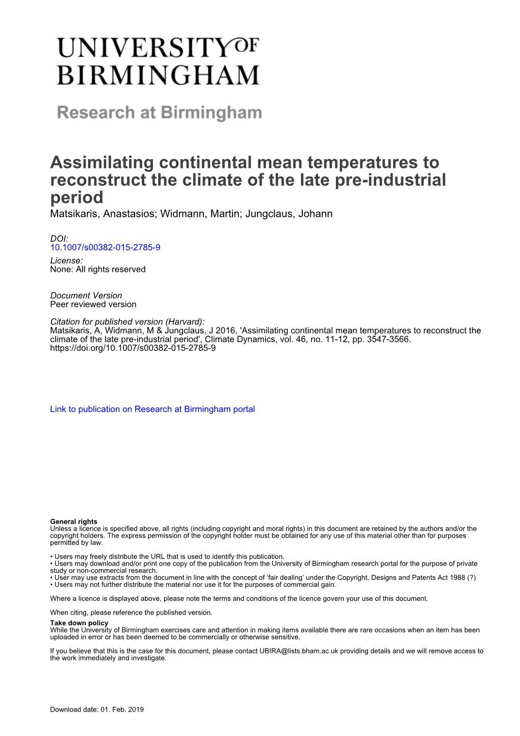 Assimilating Continental Mean Temperatures to Reconstruct the Climate of the Late Pre-Industrial Period Matsikaris, Anastasios; Widmann, Martin; Jungclaus, Johann