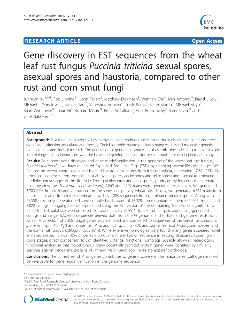 Gene Discovery in EST Sequences from the Wheat Leaf Rust Fungus