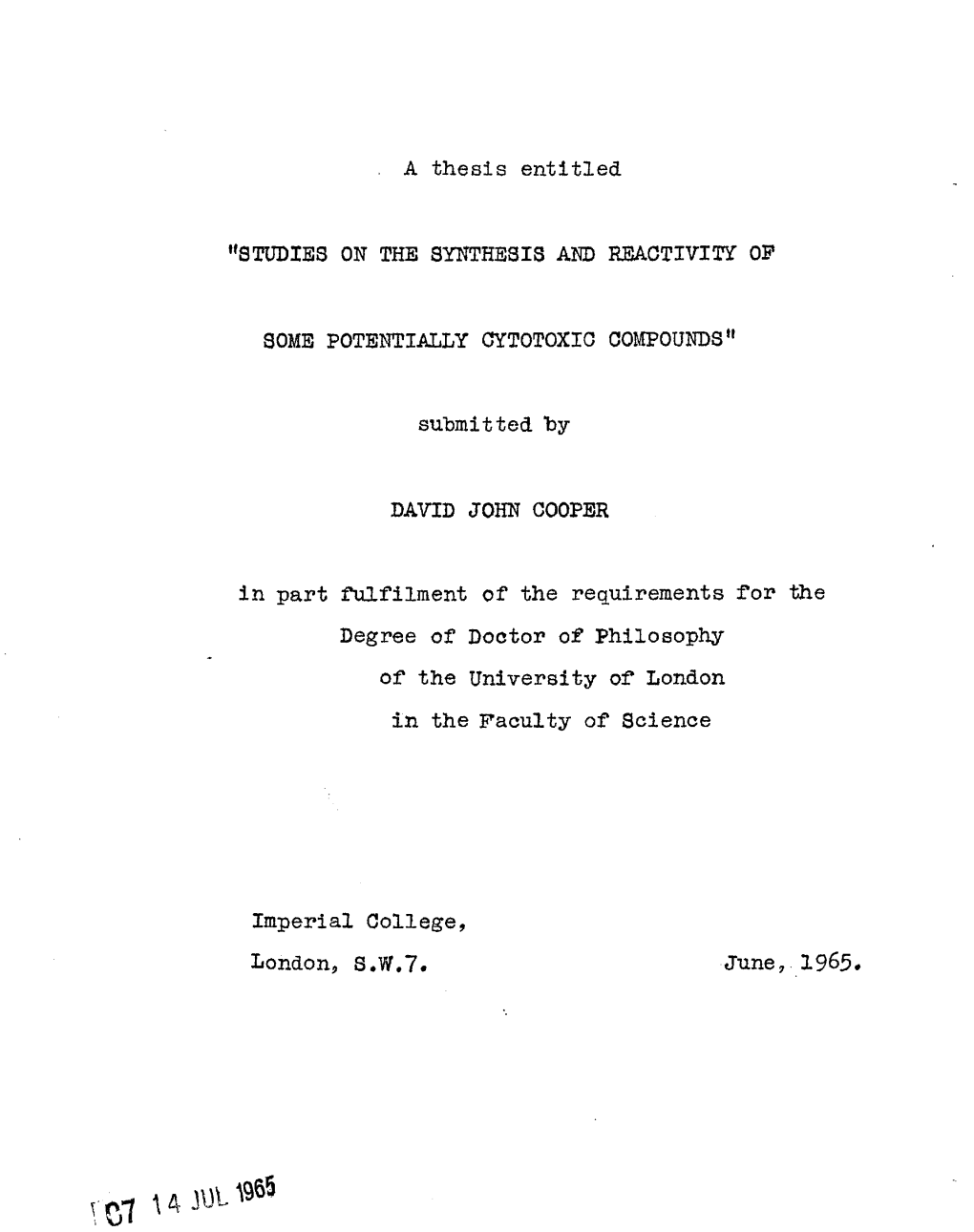 A Thesis Entitled "STUDIES on the SYNTHESIS and REACTIVITY OP