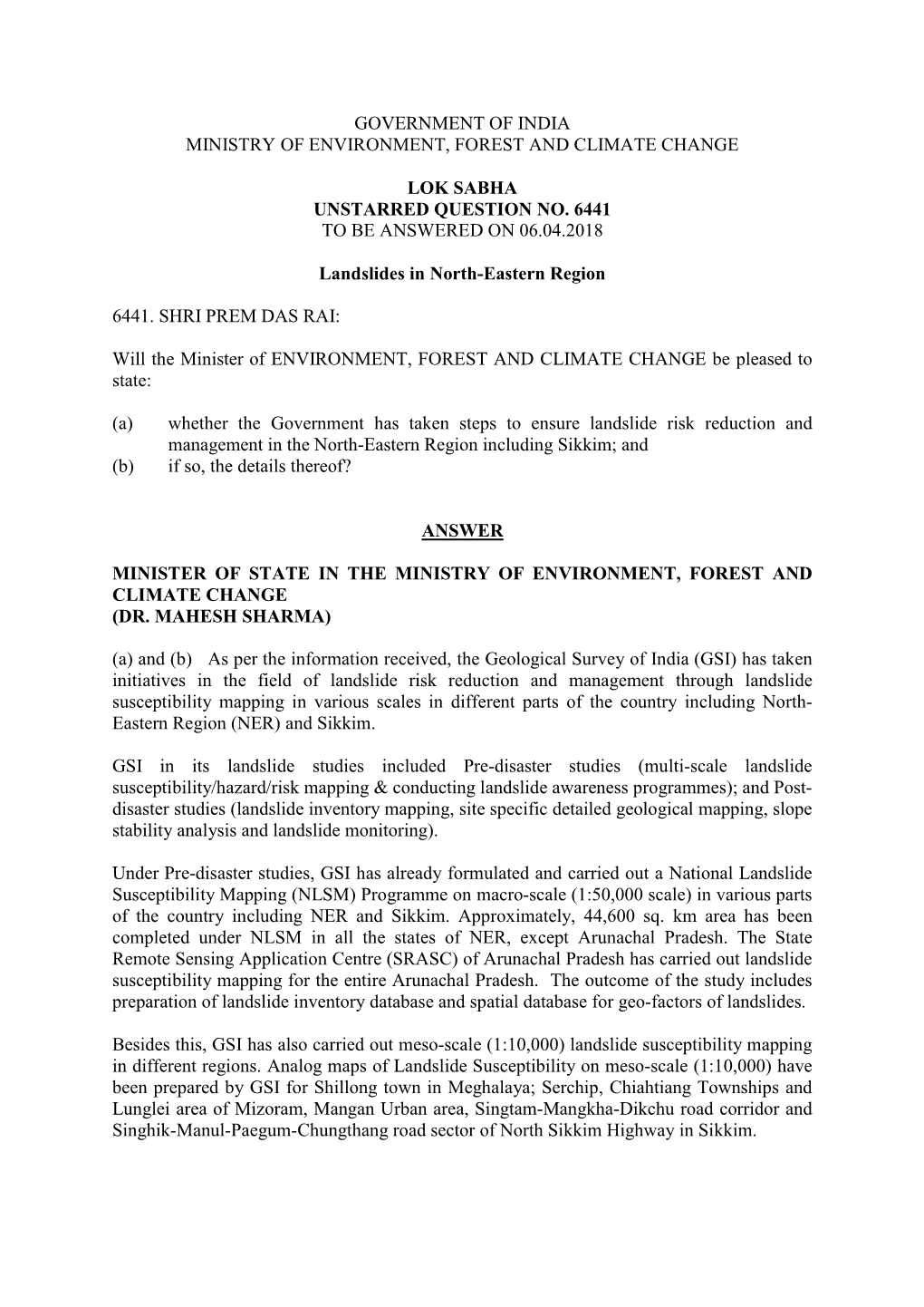 Government of India Ministry of Environment, Forest and Climate Change Lok Sabha Unstarred Question No. 6441 to Be Answered on 0