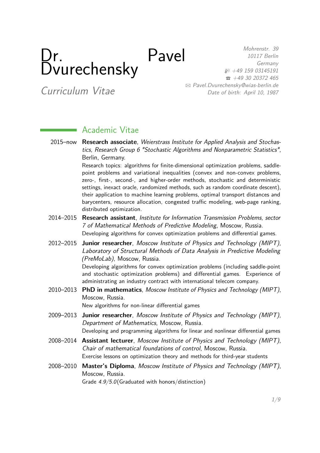 Dr. Pavel Dvurechensky – Curriculum Vitae