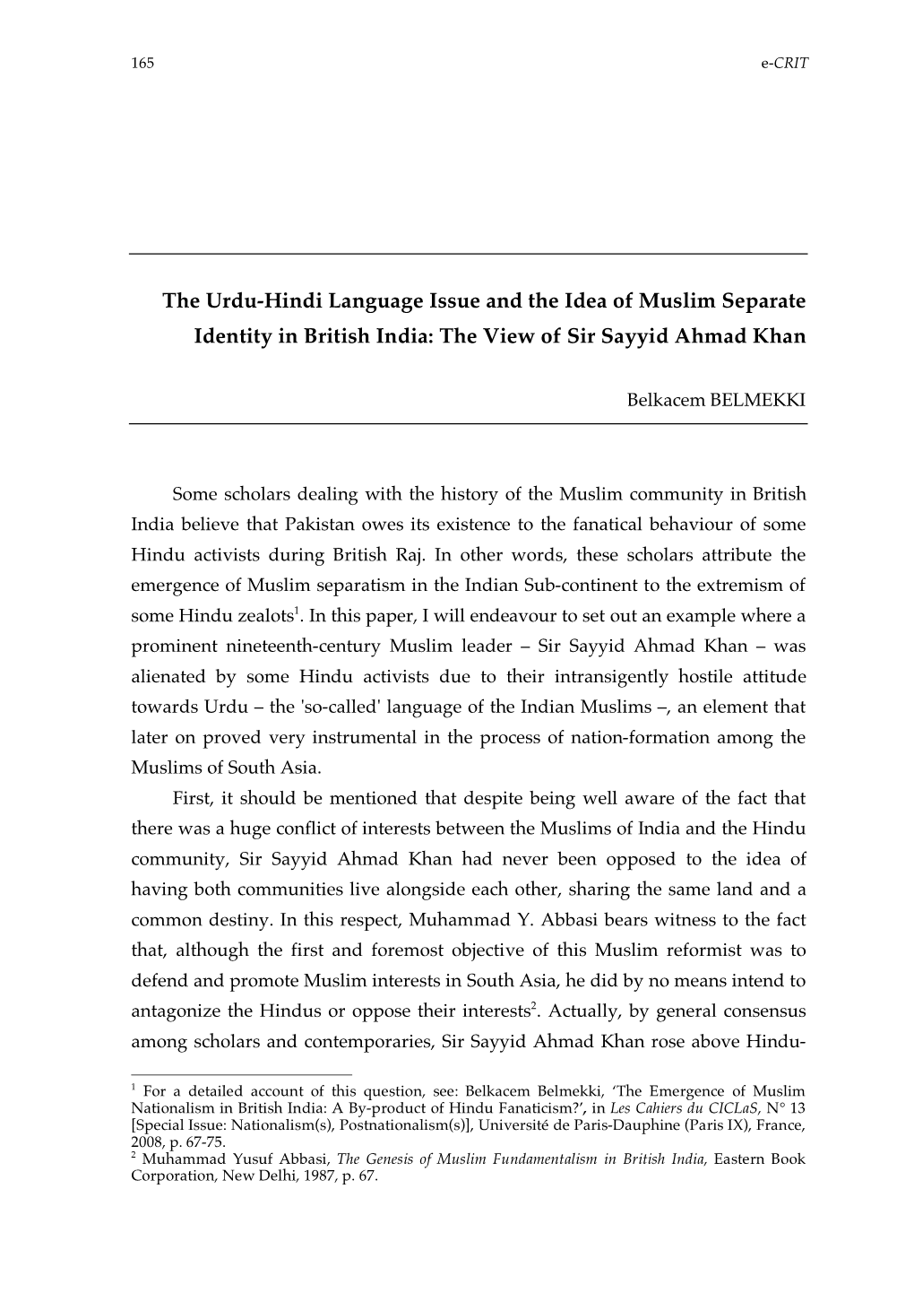 The Urdu-Hindi Language Issue and the Idea of Muslim Separate Identity in British India: the View of Sir Sayyid Ahmad Khan