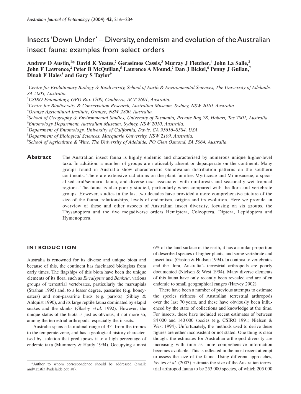 Diversity, Endemism and Evolution of the Australian Insect Fauna: Examples from Select Orders