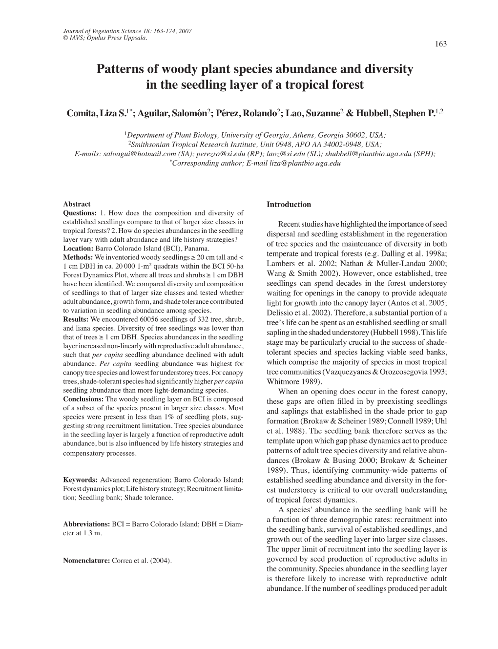 Patterns of Woody Plant Species Abundance and Diversity in the Seedling Layer of a Tropical Forest