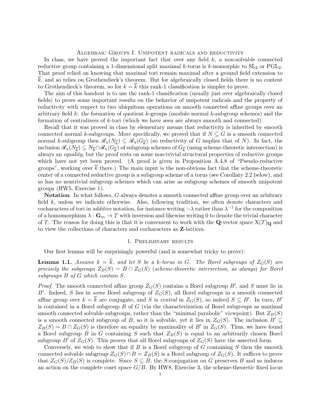 Algebraic Groups I. Unipotent Radicals and Reductivity