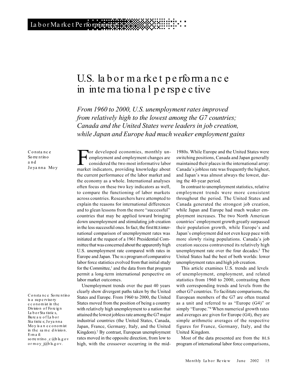 U.S. Labor Market Performance in International Perspective