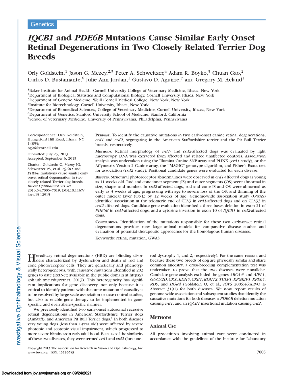 IQCB1 and PDE6B Mutations Cause Similar Early Onset Retinal Degenerations in Two Closely Related Terrier Dog Breeds