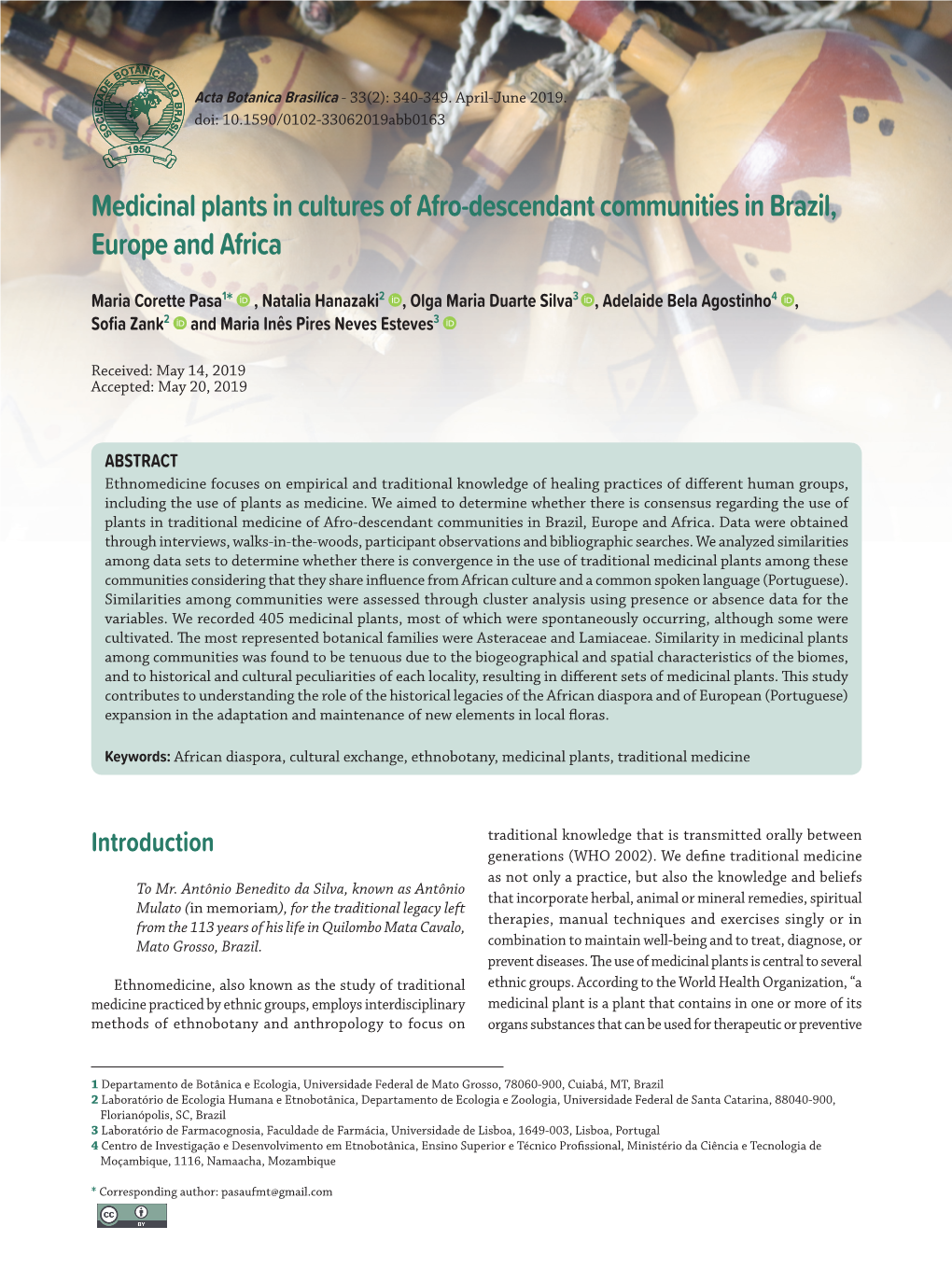 Medicinal Plants in Cultures of Afro-Descendant Communities in Brazil, Europe and Africa