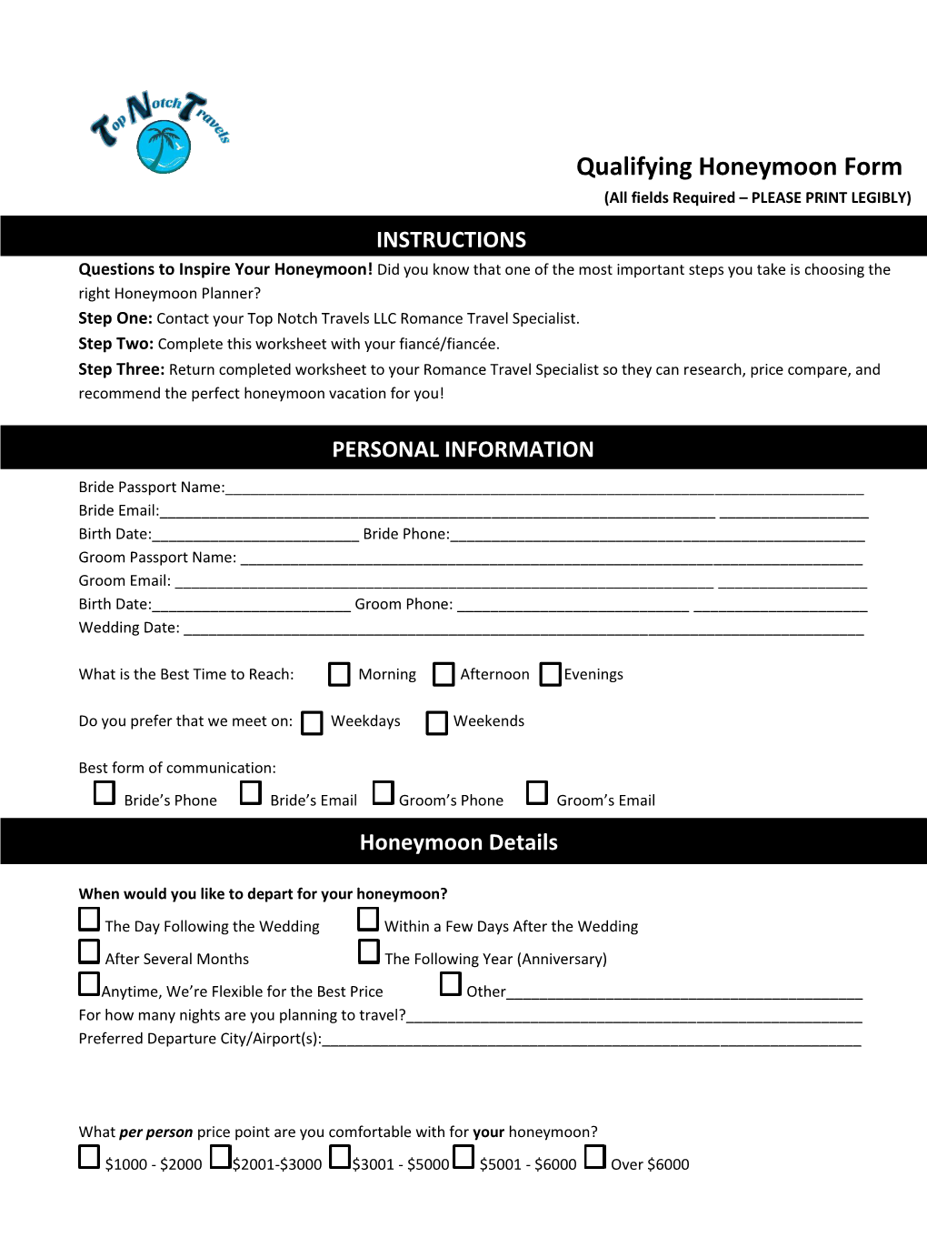 Qualifying Honeymoon Form (All Fields Required – PLEASE PRINT LEGIBLY)