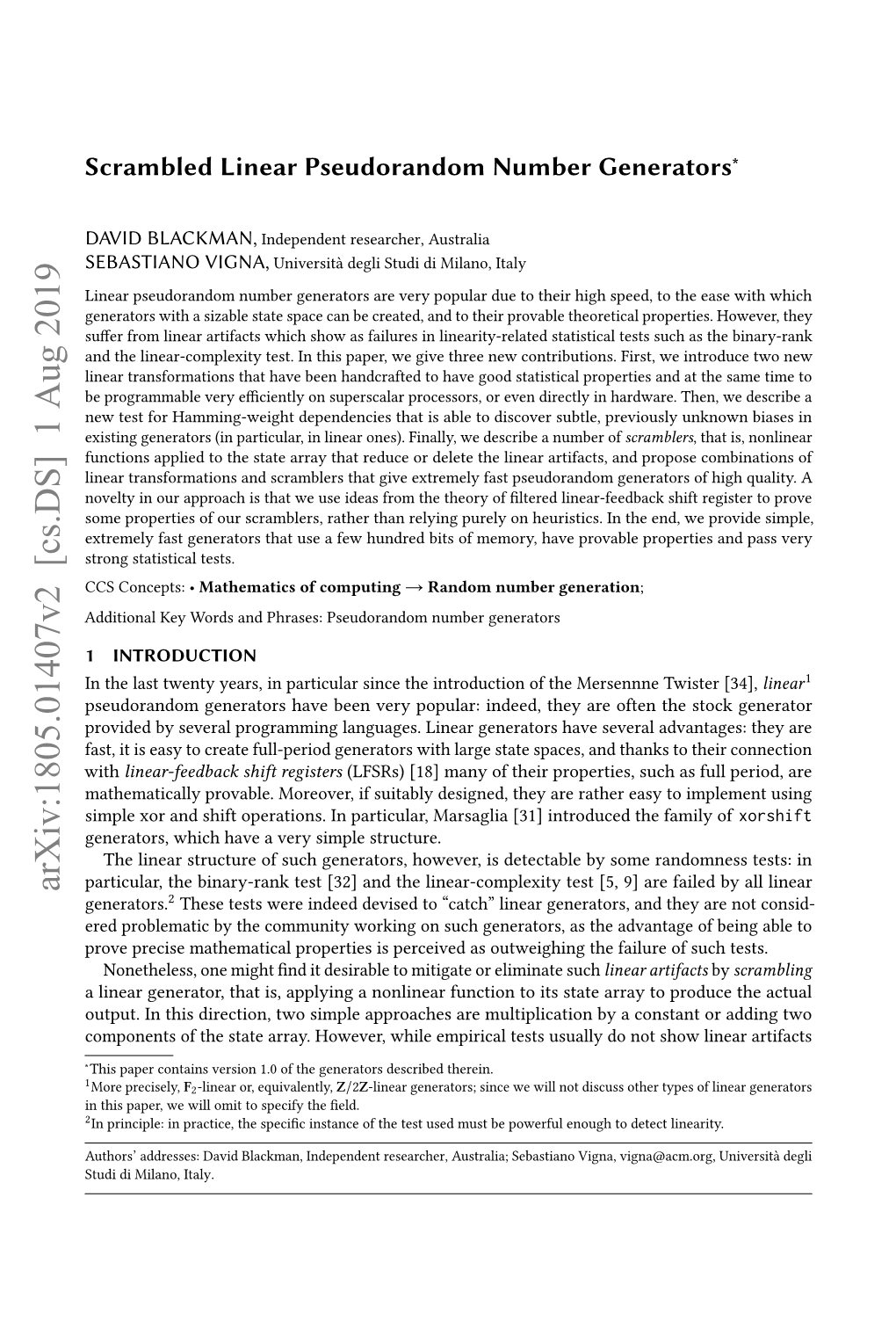 Scrambled Linear Pseudorandom Number Generators∗