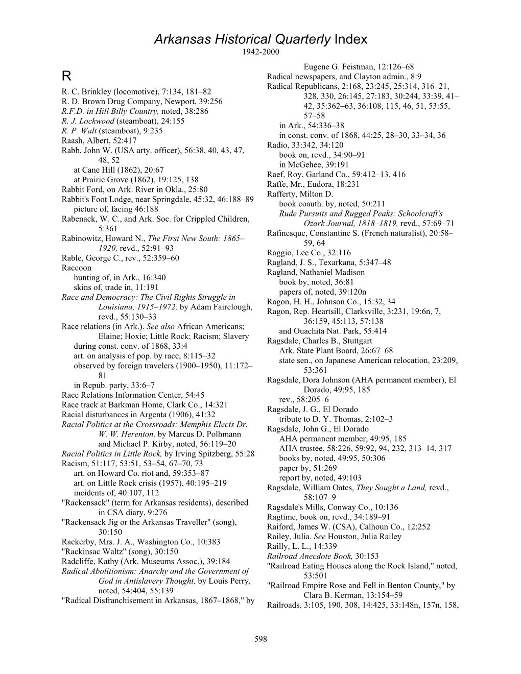 Arkansas Historical Quarterly Index R