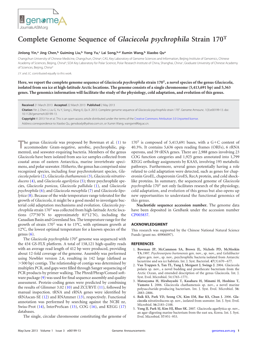 Complete Genome Sequence of Glaciecola Psychrophila Strain 170T