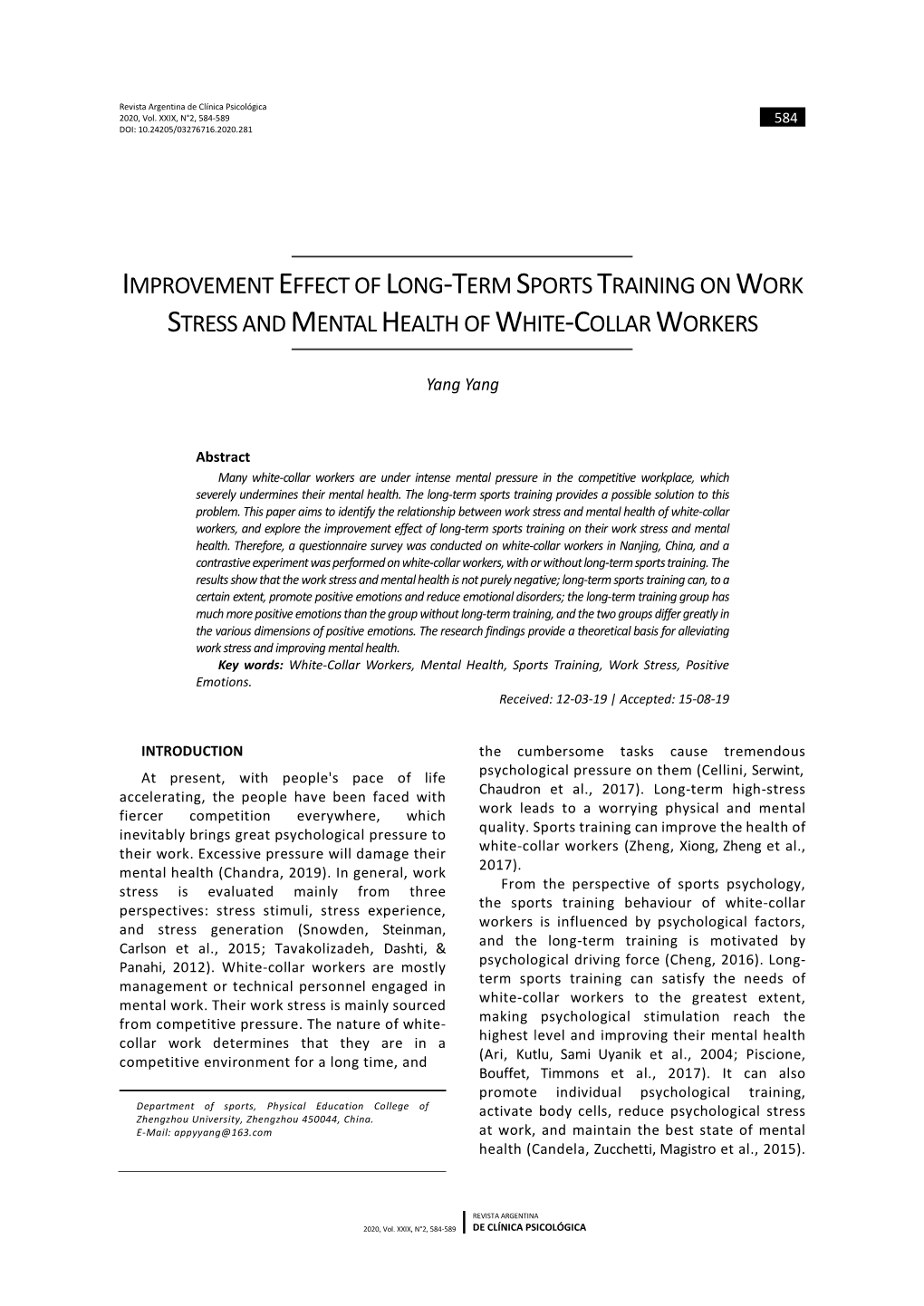 Improvement Effect of Long-Term Sports Training on Work Stress and Mental Health of White-Collar Workers