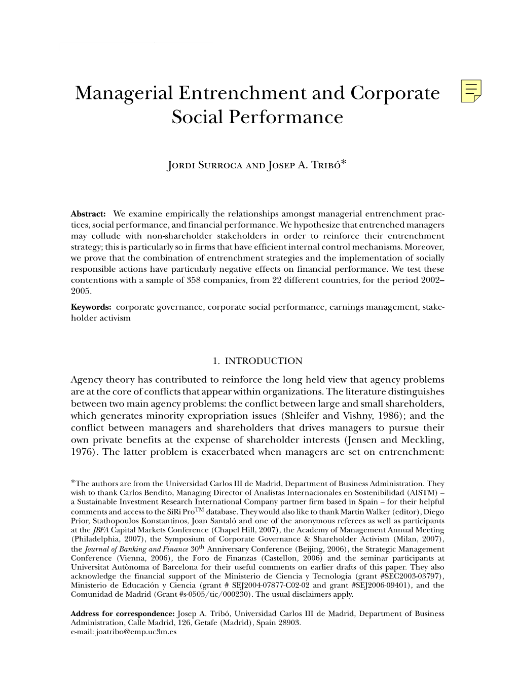 Managerial Entrenchment and Corporate Social Performance