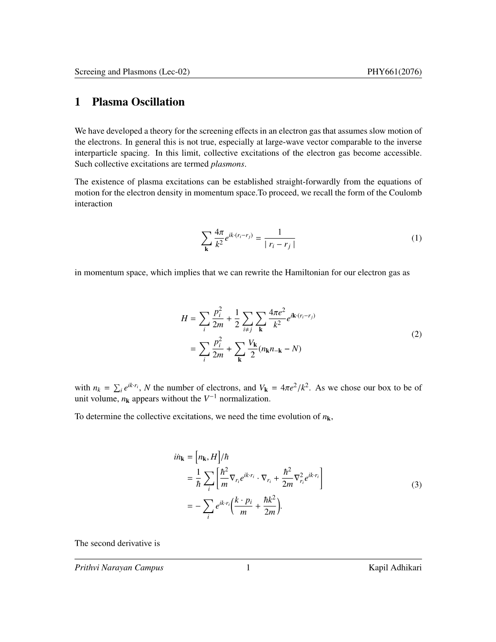 1 Plasma Oscillation