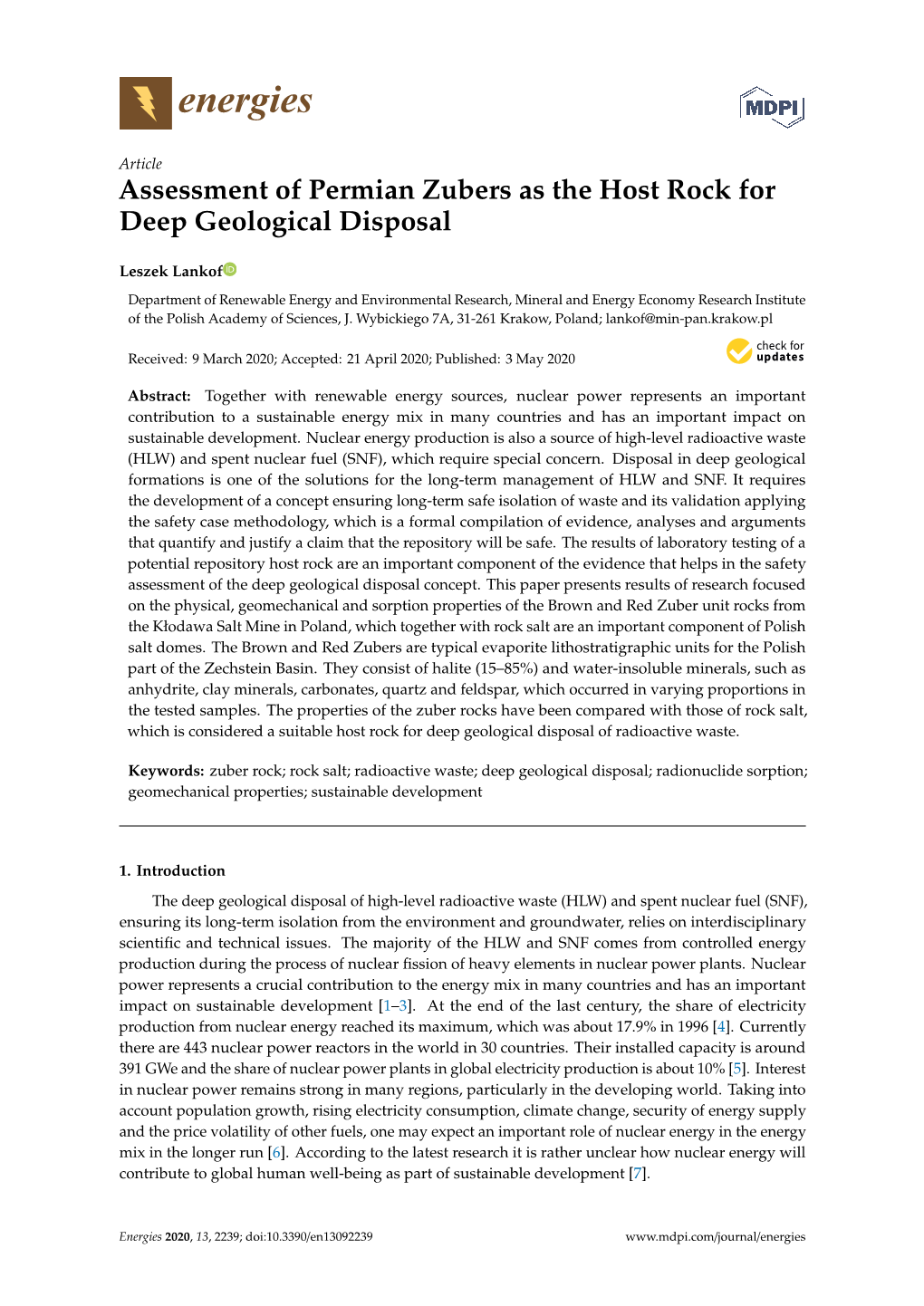 Assessment of Permian Zubers As the Host Rock for Deep Geological Disposal