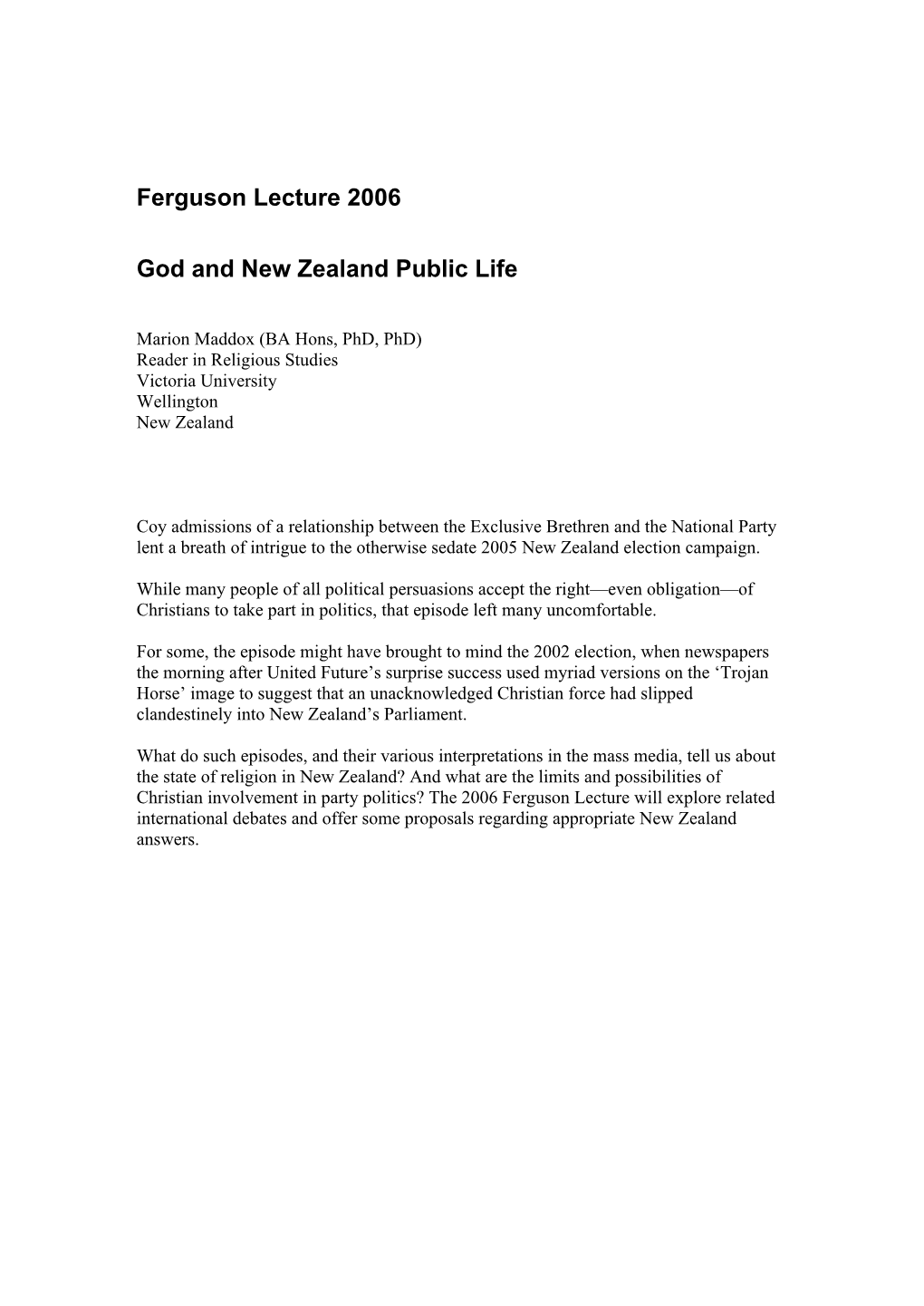 Ferguson Lecture 2006 God and New Zealand Public Life