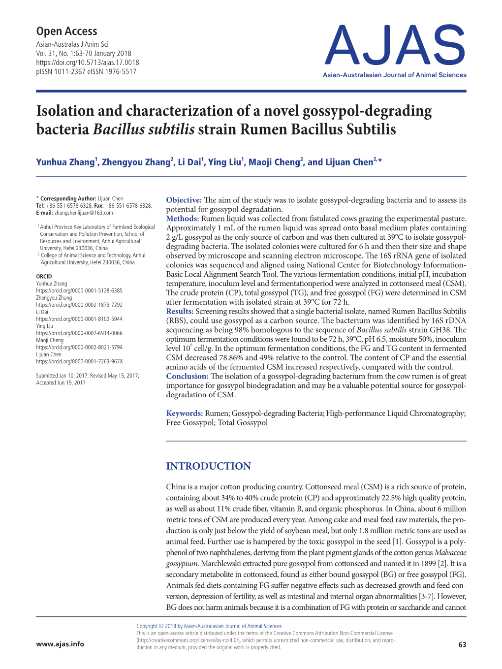 Isolation and Characterization of a Novel Gossypol-Degrading Bacteria Bacillus Subtilis Strain Rumen Bacillus Subtilis