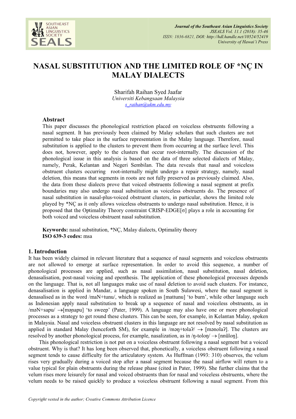 Nasal Substitution and the Limited Role of *Nc̥ in Malay Dialects