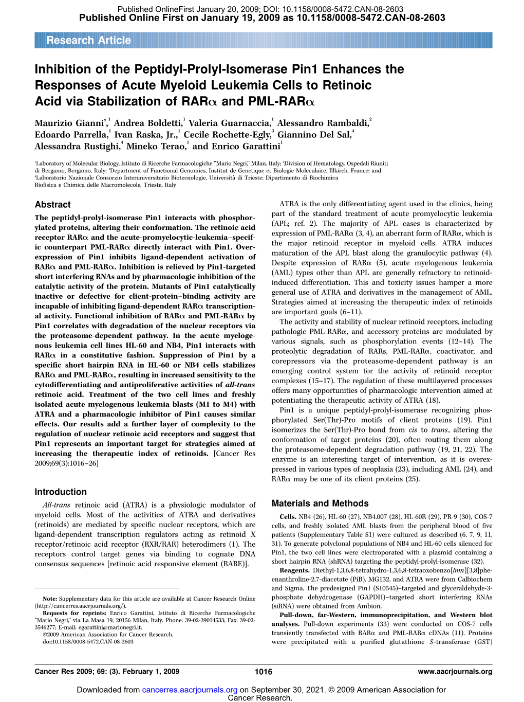 Inhibition of the Peptidyl-Prolyl-Isomerase Pin1 Enhances the Responses of Acute Myeloid Leukemia Cells to Retinoic Acid Via Stabilization of RARA and PML-RARA