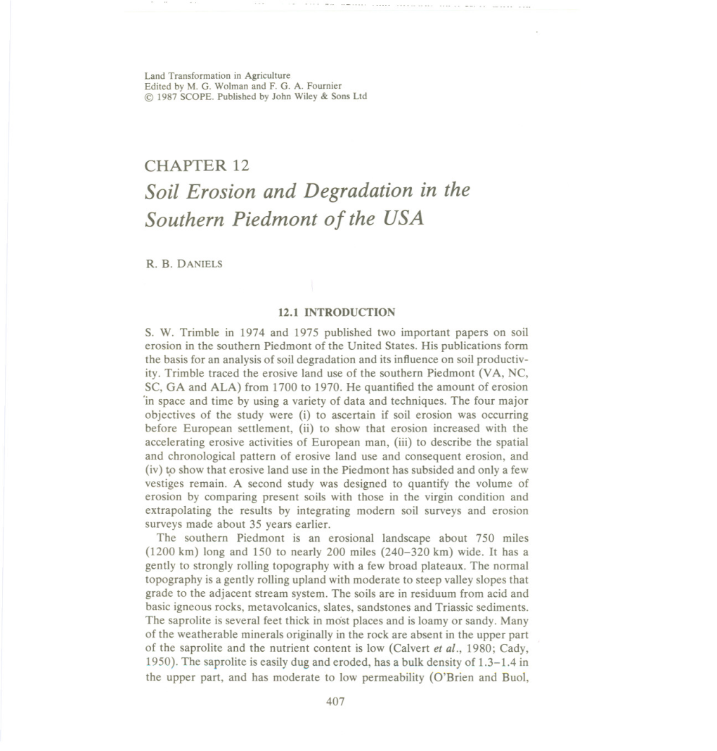 Soil Erosion and Degradation in the Southern Piedmont of the USA