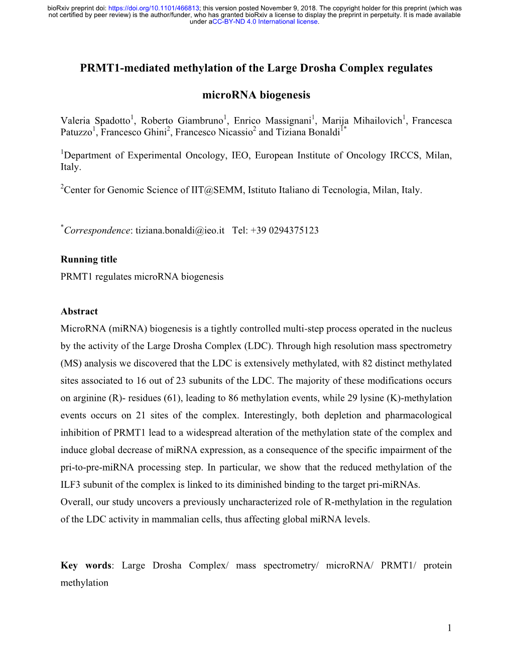 PRMT1-Mediated Methylation of the Large Drosha Complex Regulates