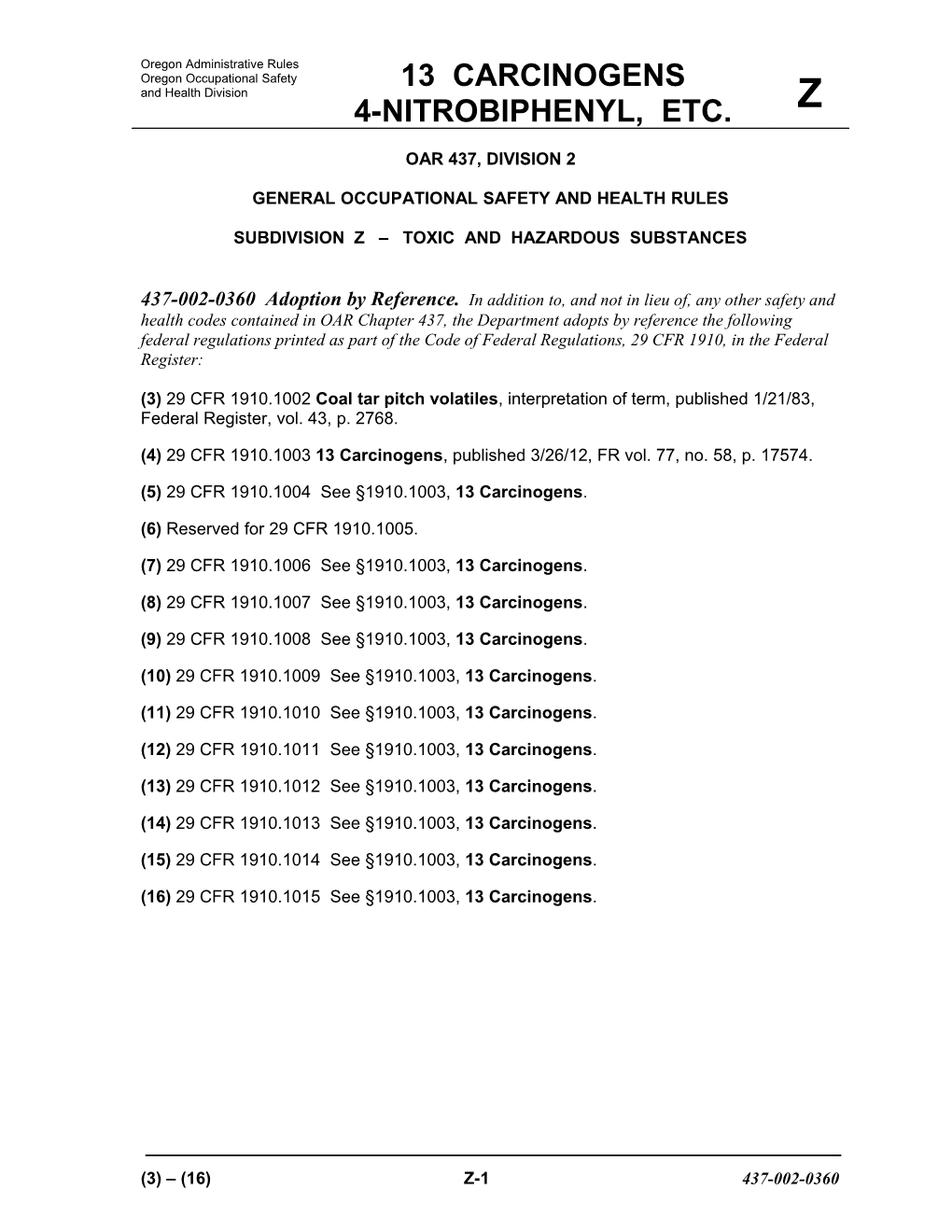 Division 2, Subdivision Z, 1910.1002, 13 Carcinogens