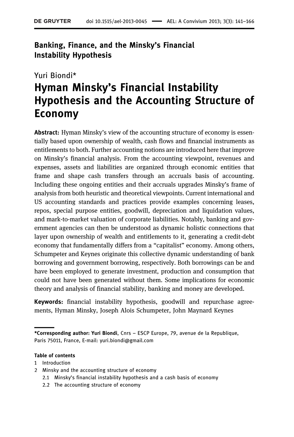 Hyman Minsky's Financial Instability Hypothesis and the Accounting