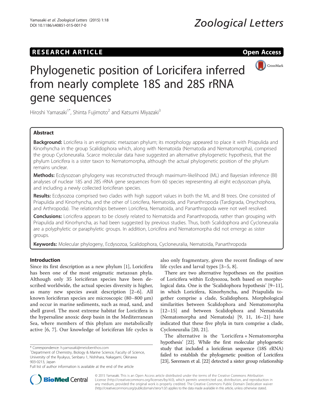 Phylogenetic Position of Loricifera Inferred from Nearly Complete 18S and 28S Rrna Gene Sequences Hiroshi Yamasaki1*, Shinta Fujimoto2 and Katsumi Miyazaki3