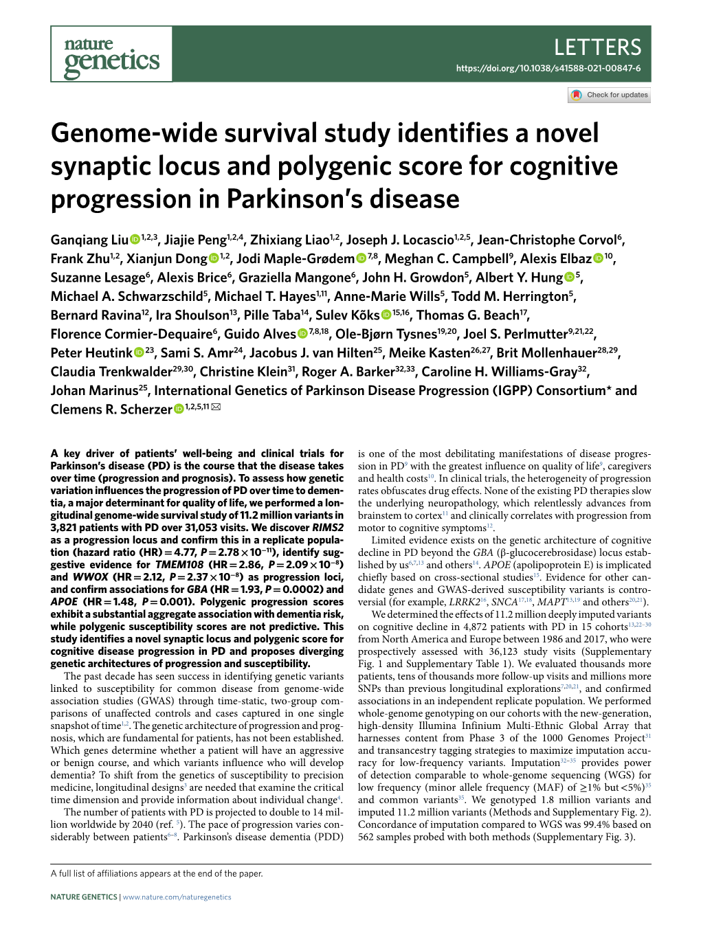 Genome-Wide Survival Study Identifies a Novel Synaptic Locus and Polygenic Score for Cognitive Progression in Parkinson’S Disease