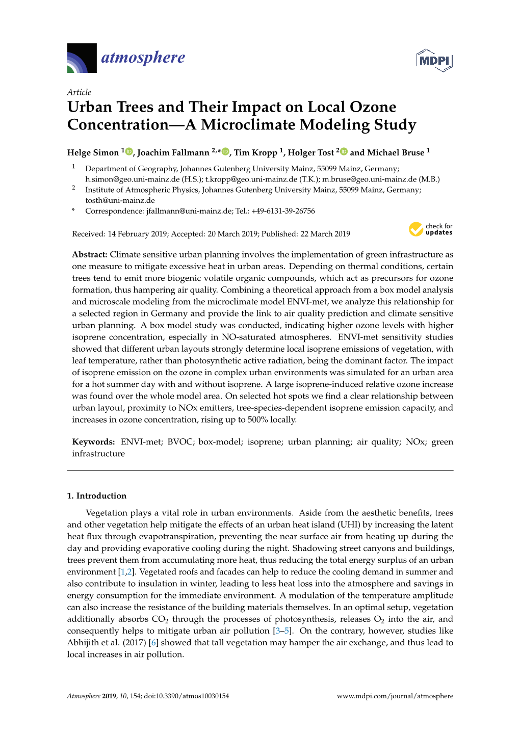 Urban Trees and Their Impact on Local Ozone Concentration—A Microclimate Modeling Study