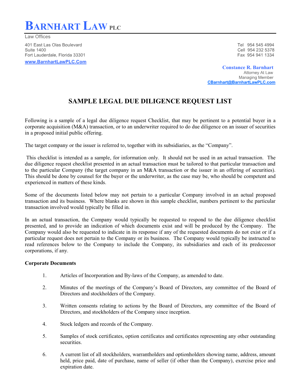 Sample of a Legal Due Diligence Request Checklist