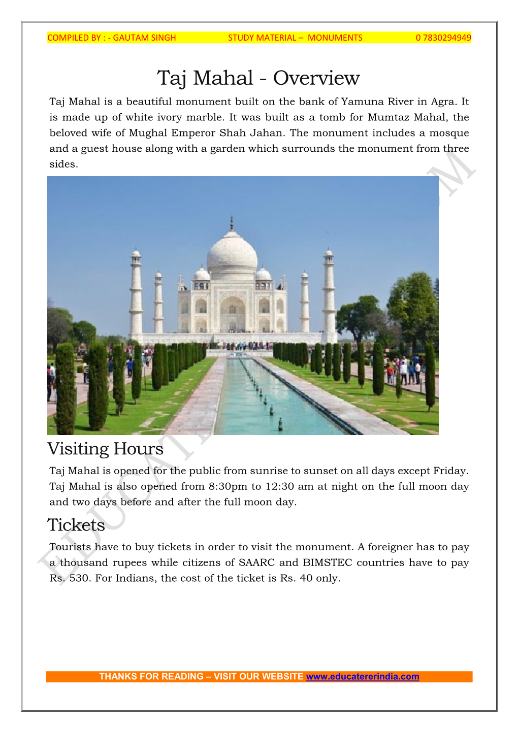Taj Mahal - Overview Taj Mahal Is a Beautiful Monument Built on the Bank of Yamuna River in Agra