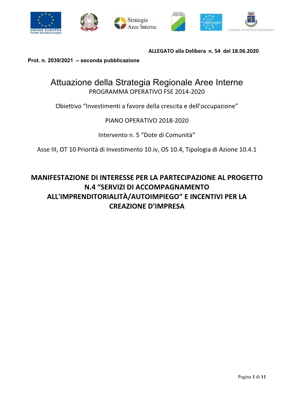 Attuazione Della Strategia Regionale Aree Interne PROGRAMMA OPERATIVO FSE 2014-2020
